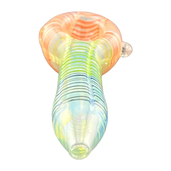 Transparent plastic fume spoon with green, orange, and yellow colors, small inhaling hole and exhaling hole.