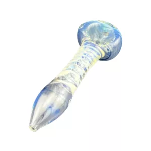 Blue and white swirl design glass pipe with long, curved shape and small, round base. Clear stem attached with silver ring and white dot in center.