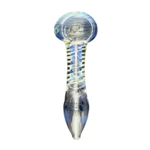 Unique clear glass fume spoon with thin, white spiral design for easy smoking. A must-have for any collection.