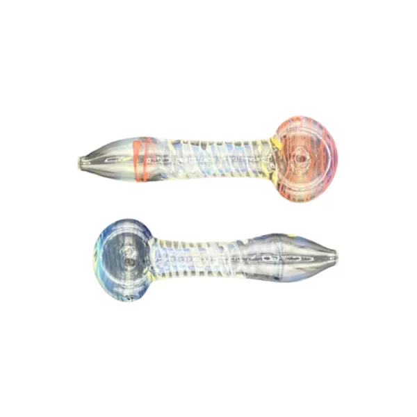 Two thin, white glass pipes with spiral designs sit next to each other. One is opaque with a yellow and purple spiral, while the other is clear with a blue and green spiral. Both have a handle and bowl, with a small circular design on the handle of the opaque pipe and a thin ring around the bowl of the clear pipe.