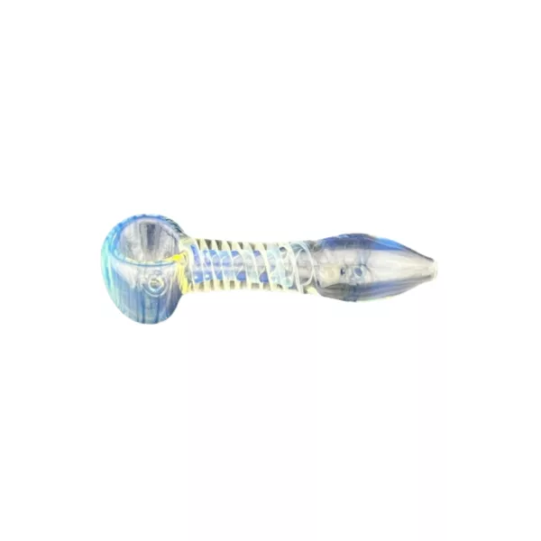 Clear glass pipe with blue & white stripes, small round base & long curved neck. Smooth surface, lit from side. VSACHP166.