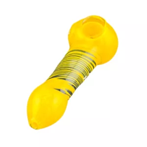 Yellow plastic tube pipe with small black hole at end, transparent, on white background.