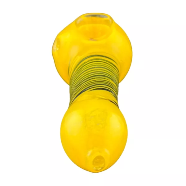 Yellow glass pipe with black and white stripes, small round base, long curved neck, mouthpiece shaped like a tube, smooth glossy surface, side view, horizontally positioned on white background.