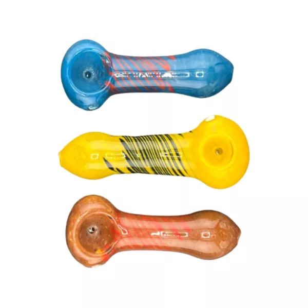Handmade glass pipe with blue, green, and yellow colors, spiral design, and small bubbles. Flared mouthpiece and straight stem.