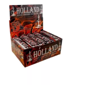 promotional box of cigarettes from the brand Hollande with a red and black design featuring a flame on the front. It has a clear plastic window and is made of cardboard with a hinge on the top.