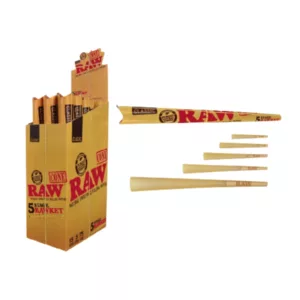 Display of raw tobacco products, including Classic 5 Stage Rawket in brown packaging with gold foil stamp, available for purchase.