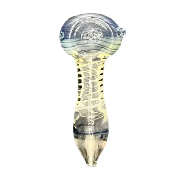 Spiral glass pipe with clear body and colored lines. Metal stem with small loop and raised bowl with ring. Base has flat top and groove. Clear design without colors on stem or base.