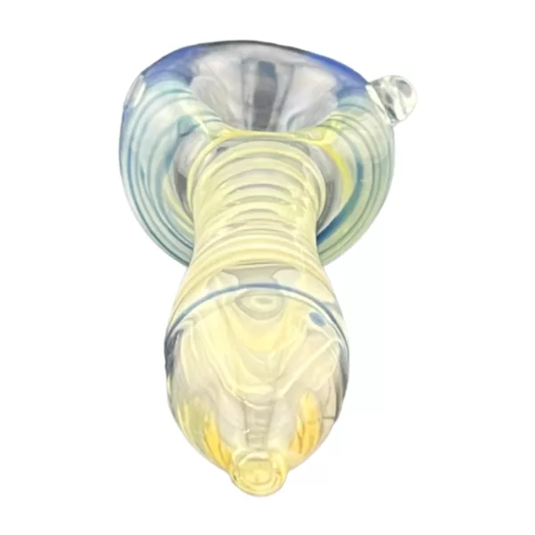 Glass pipe with clear, blue and yellow swirl pattern, smooth finish, round base with small hole.