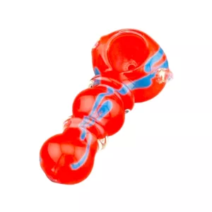 Handmade red and blue glass pipe with gold ring and clear glass. ACHP155. White background.