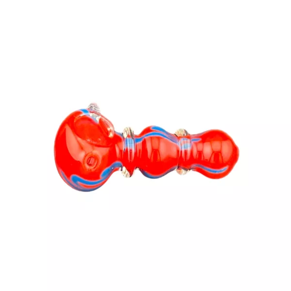 Red & blue glass bong with spiral base design. Small & large bowls connected by tube. Side handle blue, other side handle red. White background.