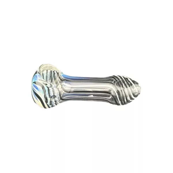 A clear glass snake-shaped pipe with a spiral design and a small hole at the end, sitting on a white background.