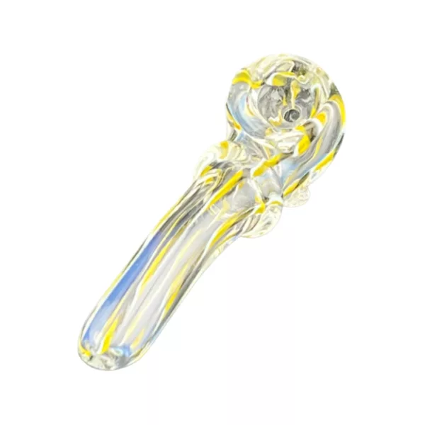 A clear glass pipe with a yellow and white striped design, featuring a small curved mouthpiece and a long straight shaft made of yellow plastic. The overall appearance is sleek and modern.
