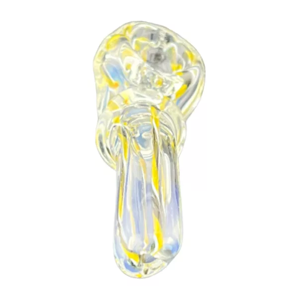 Handmade glass pipe with yellow and white swirl pattern, curved mouthpiece and clear plastic stem. Elegant and stylish design.