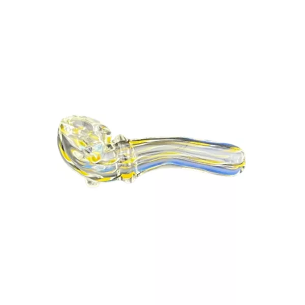 Glass pipe with yellow/blue striped design. Round base, long curved neck, and curved mouthpiece. Clear glass.