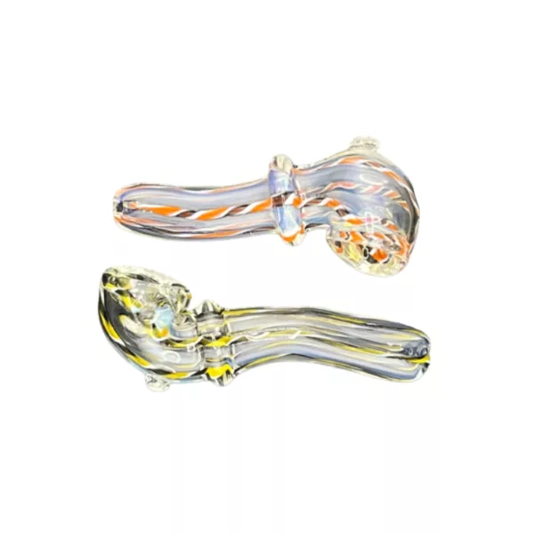 Glass pipe with yellow, orange, and black striped design, connected by a long, curved stem with clear glass bowl and knob.