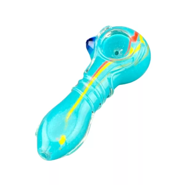 Stylish blue glass pipe with rainbow swirl design and small bowl and hole. Perfect for smoking enthusiasts.