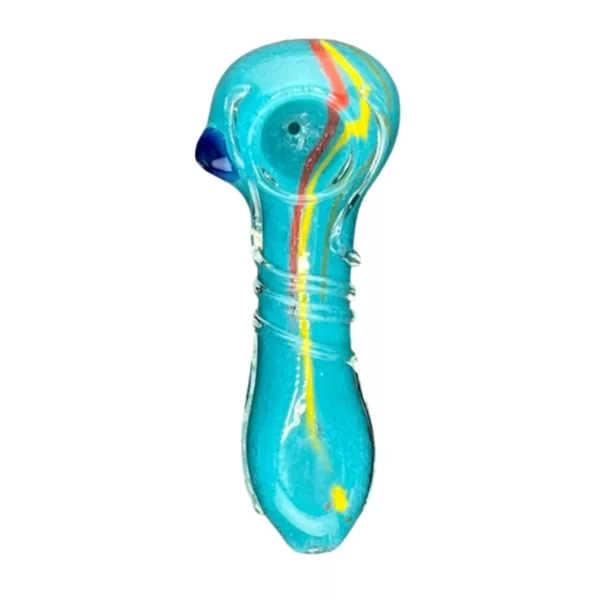 Rainbow swirl bong with blue accents and small stem. Rasta-inspired design.