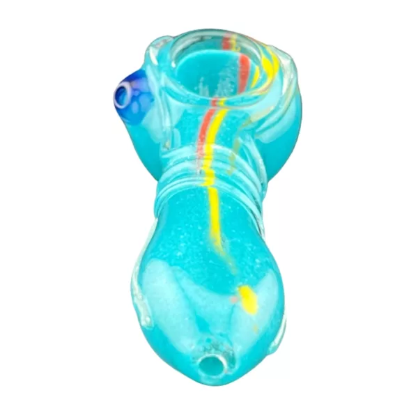 Handcrafted glass pipe with rainbow handle and curved tube, perfect for savoring your favorite smoke.