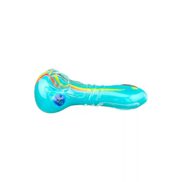 Colorful glass pipe with rainbow bowl and swirling base. Intricate details and vibrant accents. VSACHP109.