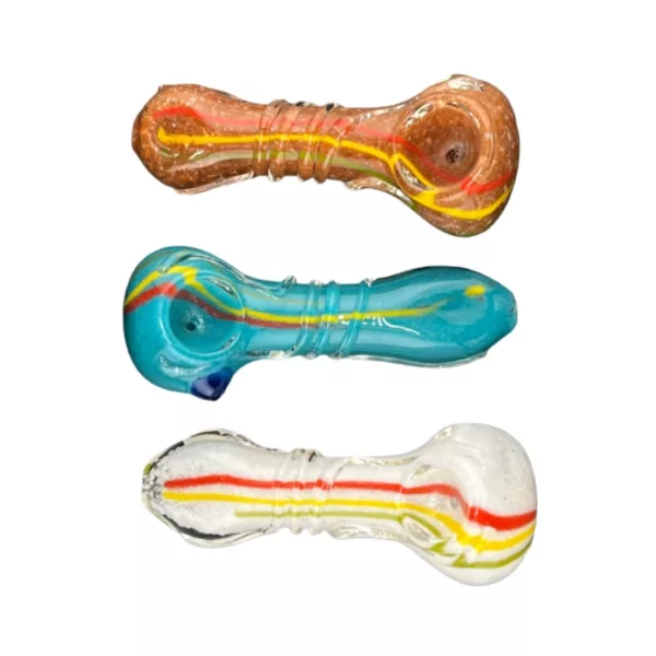 clear, bubbly, and multi-colored. Prominent multi-colored pipe with brightly striped body and transparent mouthpiece.