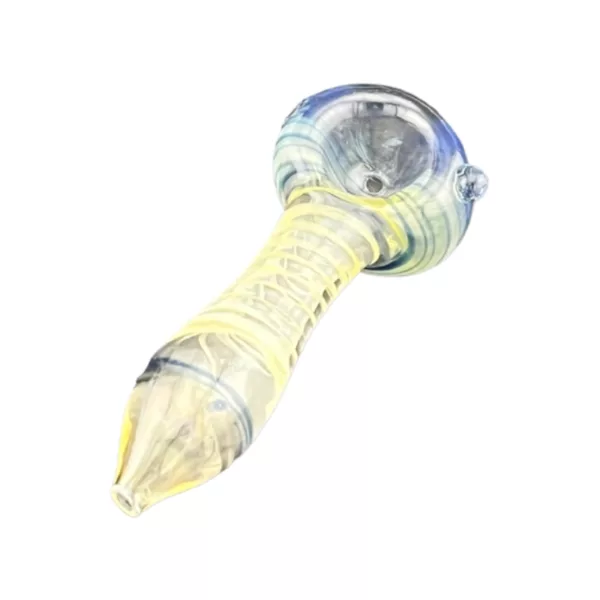 Glass pipe with blue and yellow swirl pattern, curved mouthpiece and clear stem. Sitting on white background.