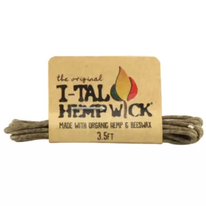 high-quality, handmade hemp wick from Italy. It's perfect for smoking and comes in a small circle shape with a brown tag that says 'Hemp Wick - I-Tal ITAL'.