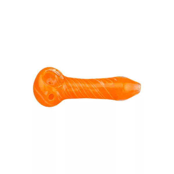 Orange plastic pipe with small hole and curved shape on white background.