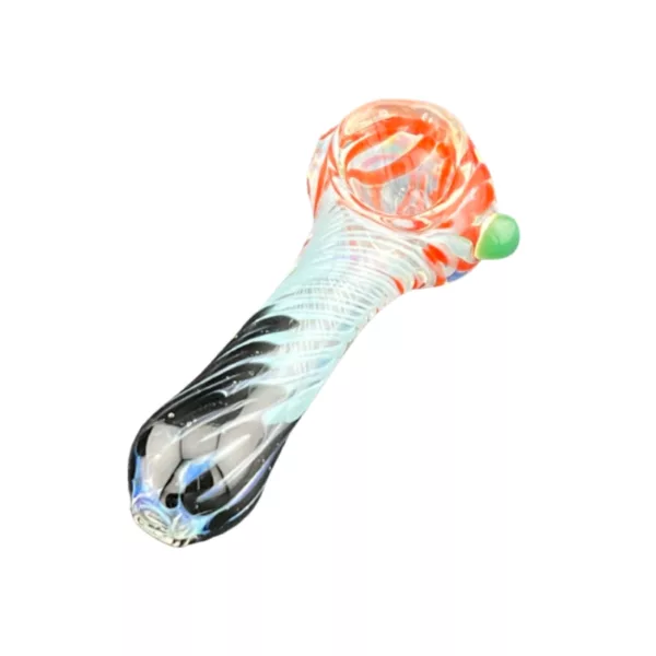 Long, curved glass pipe with colorful swirling pattern of red, blue, and green. Small round base and white background. From ACHP159.