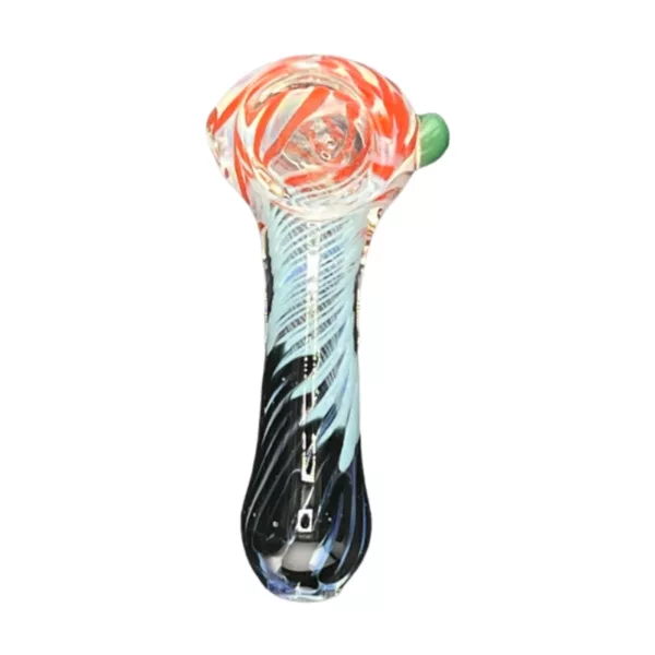 Glass pipe with long, curved shape and swirled design in shades of blue, green, and orange, with small circular base and mouthpiece.