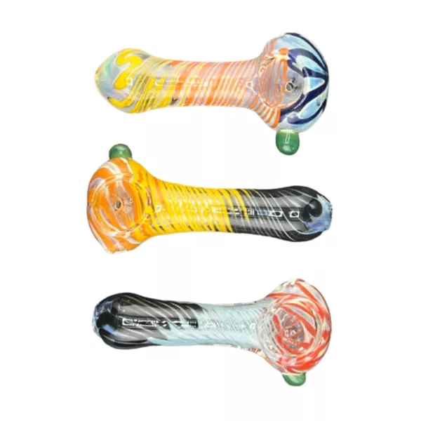 Three colorful mini glass water pipes with wavy smoke pattern. Made of clear glass and available in blue, yellow, and green.