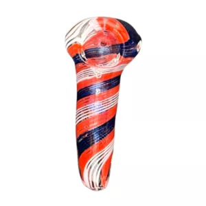 Hand-painted glass pipe with red, white, and blue stripes and a twisted design. Clear glass with colorful swirls.