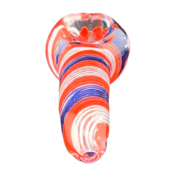 A glass hand pipe with a red, white, and blue swirl design, clear bowl and blue stem, sitting on a white background.