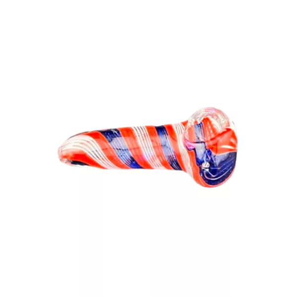 Glass pipe with red, white, and blue striped design. Curved shape, clear glass. ACHP143 model. White background.