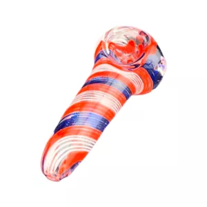 Striking hand pipe with red, white, and blue stripes, clear cylinder body, and small handle. Flared base with center hole and pointed bowl lip.