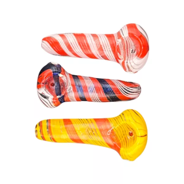 Three unique cone-shaped glass pipes with swirl patterns, available at our smoking company.