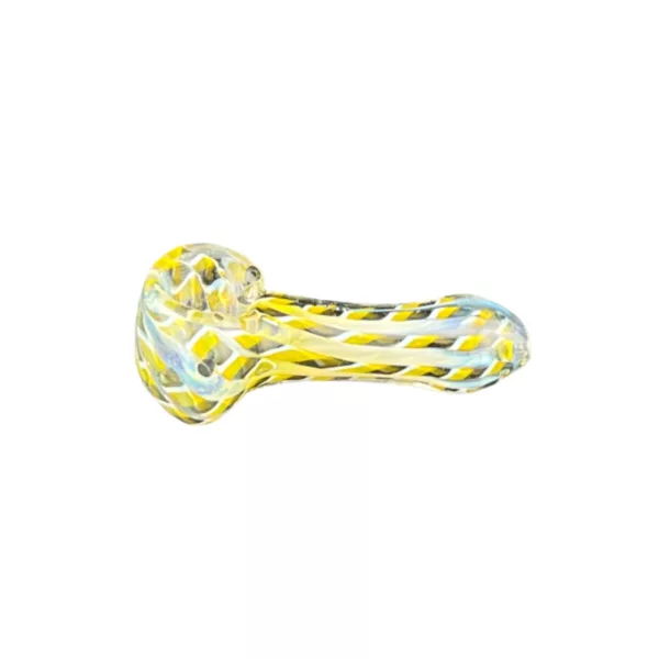 Unique clear glass pipe with yellow & white spiral design, smooth finish, and round base with small center hole.