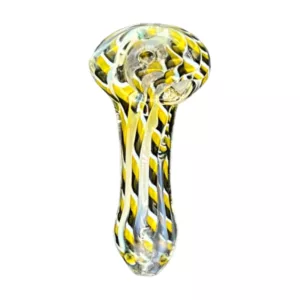 A modern and stylish glass pipe with a yellow and black striped design, featuring a small round base, long curved neck, and a mouthpiece shaped like a tube. The base is clear and the neck is black with yellow stripes.
