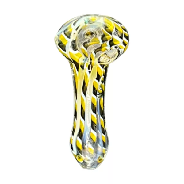A modern and stylish glass pipe with a yellow and black striped design, featuring a small round base, long curved neck, and a mouthpiece shaped like a tube. The base is clear and the neck is black with yellow stripes.