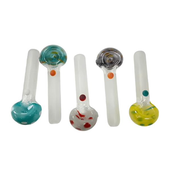 Four small, colorful glass smoking pipes with frosted swirls on the outside.