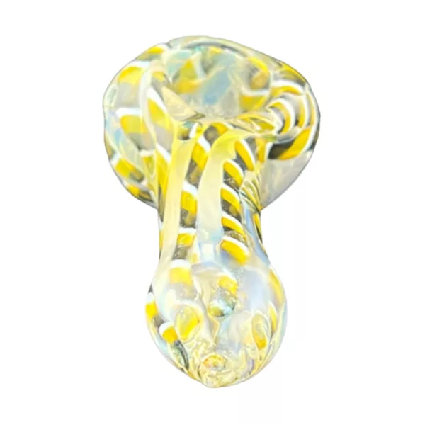 Glass bong with yellow and white swirl design, small and large bowls connected by a tube, and a small hole in the base. Sitting on a white surface.