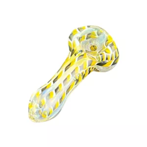 Clear glass pipe with yellow and white stripes, small bowl and long stem.