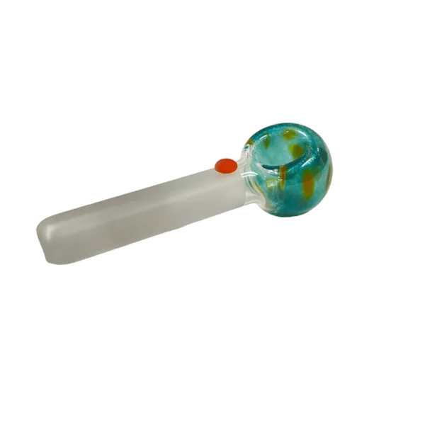 Clear glass pipe with blue & green earth on end, sits on green surface. #Jellyfish