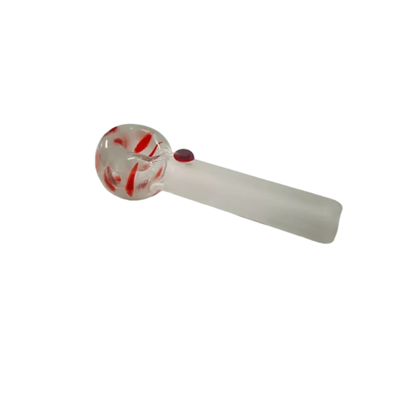Red and white striped, transparent glass smoking pipe with round base and small smoke hole.