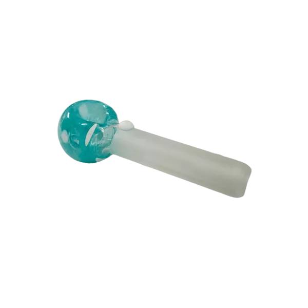 Clear glass smoking pipe with blue plastic handle and frosted jellyfish design. Held on a clear plastic stand.