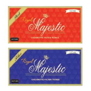 Two luxurious, glossy cardboard boxes with Magestic in bold white font, featuring red and blue and gold and blue designs.