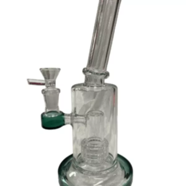 Glass waterpipe with clear body and green stem, featuring a small hole at the top for water passage.