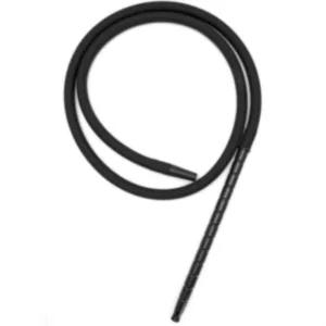 Black rubber hose with metal handle and small knob. Straight and made of silicone.