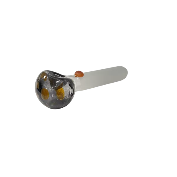 Glass pipe with yellow and black design. Long, curved shape. Clear bowl with circular design. White stem with circular design. Simple, modern design.