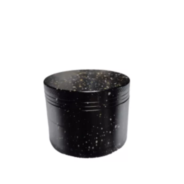 Stylish, stainless steel grinder with white, black, and gold spinner, small handle, and black glitter base. Perfect for on-the-go smoking.