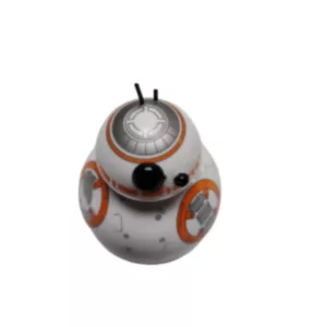 Adorable, smiling orange and white plastic BB8 grinder with two arms and a round head on a white and orange base with wheels for mobility.